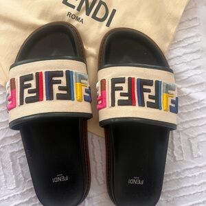 Fendi Women's Beige and Multicolor Slide Sandals